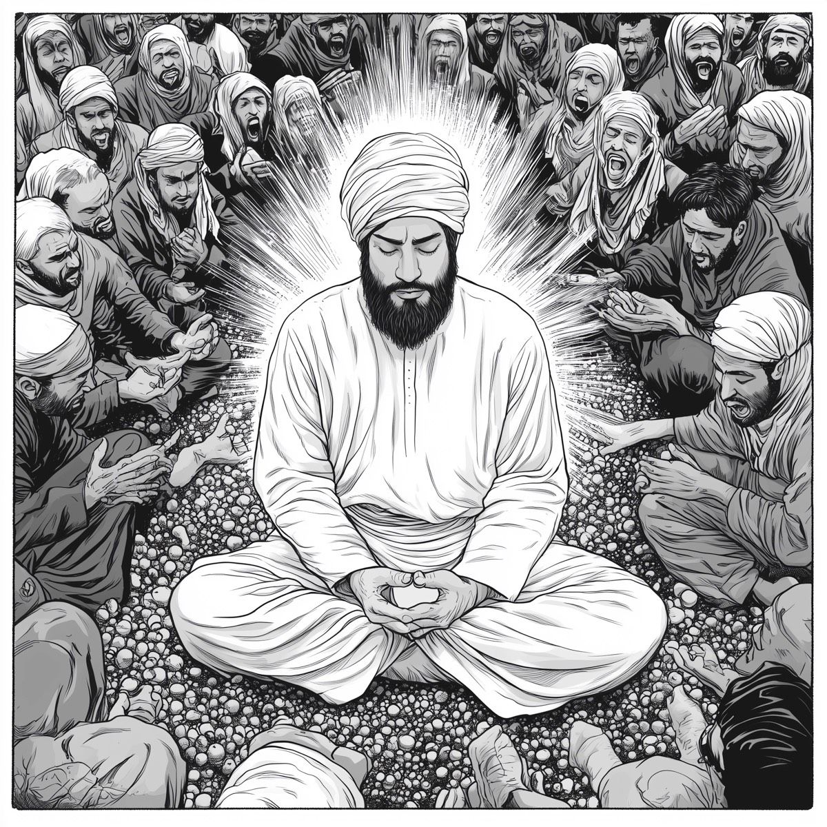 Interior illustration: a figure in prayer surrounded by a halo of light