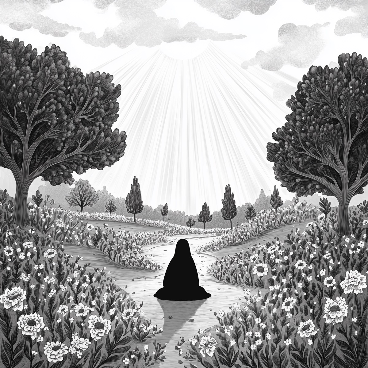 Interior illustration: a figure walking a path lit by rays