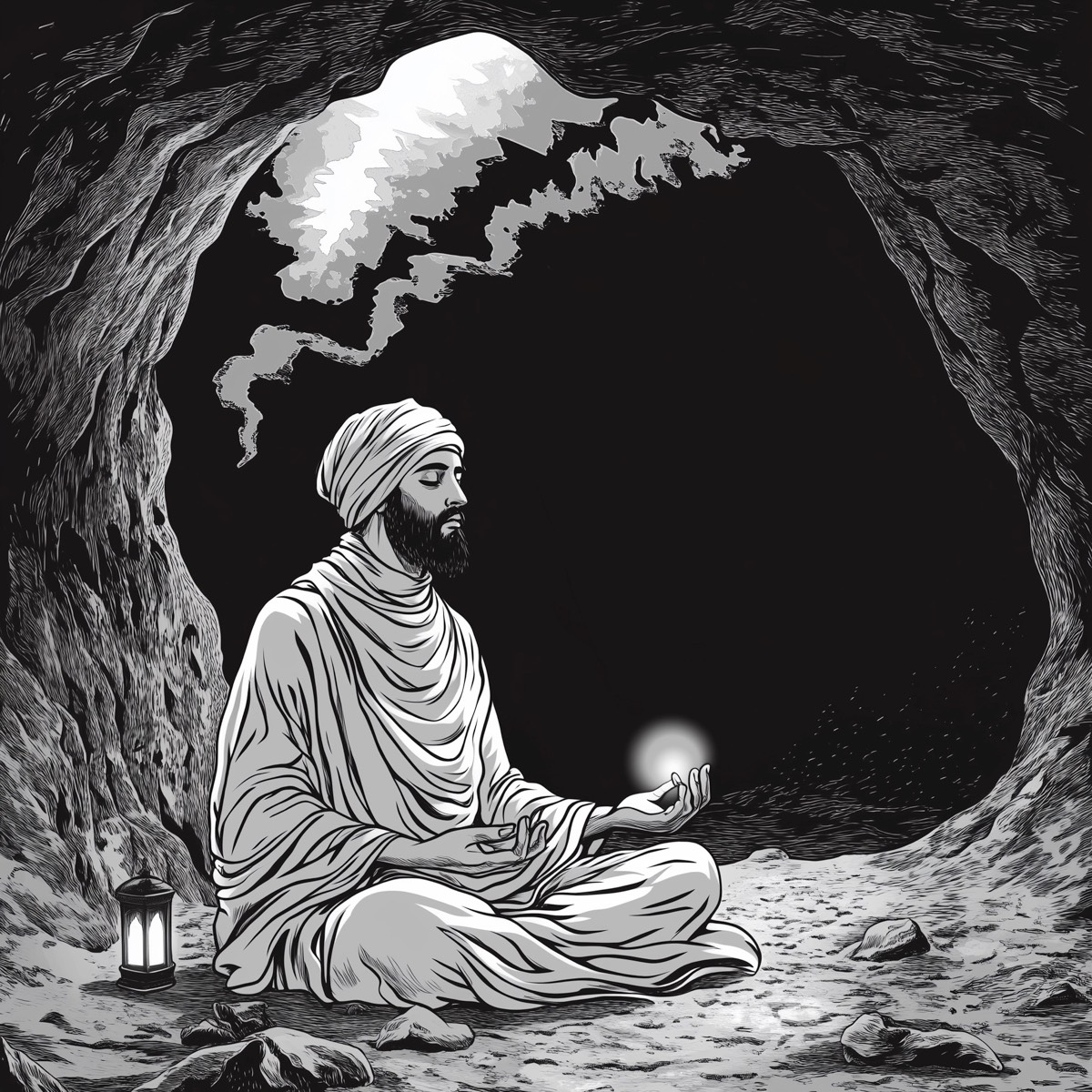 Interior illustration: a figure meditating in a cave with a lantern